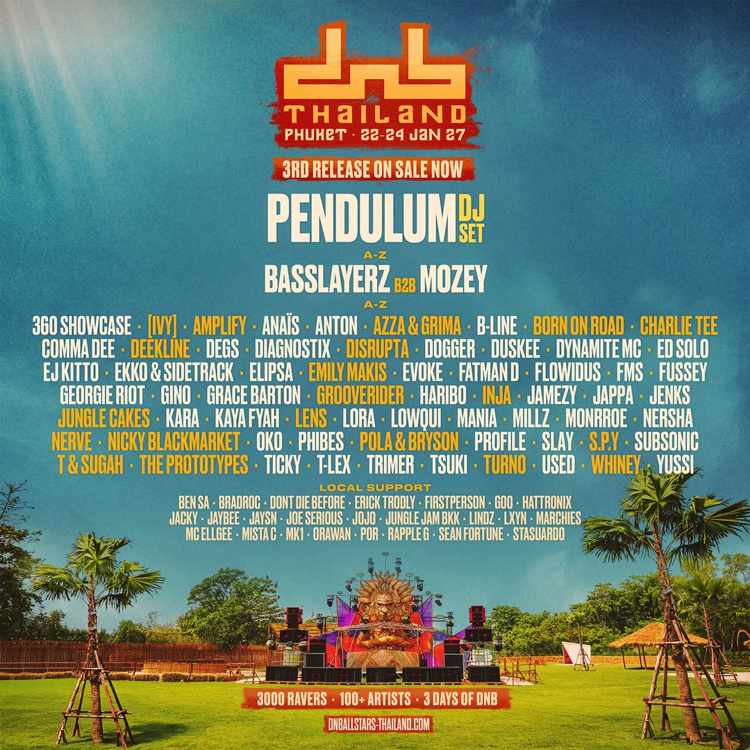 The DnB Allstars Thailand 2027 lineup, Phuket, 22 to 24 January 2027: Pendulum (DJ set), Basslayerz b2b Mozey and the full A to Z, with local support
